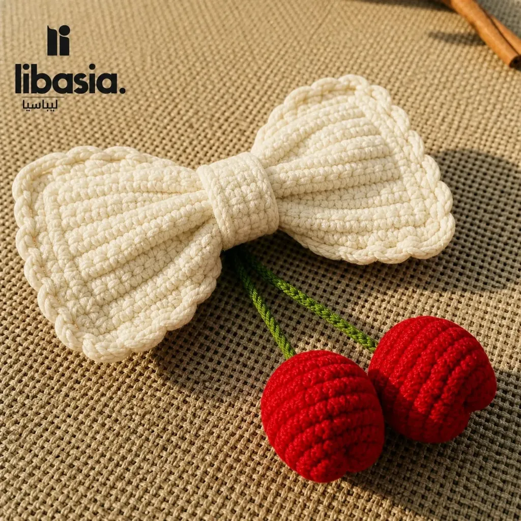Crochet Bow with Cherries (white)